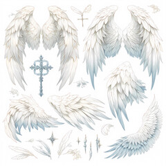 An exquisite assortment of gossamer angel wings set against a pristine white backdrop, evoking a sense of purity and celestial beauty.