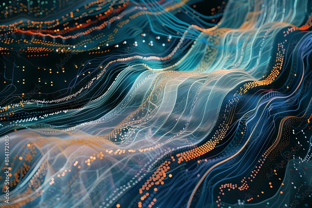 Poster abstract representation of a river with binary code flowing and background lights shining. generativ