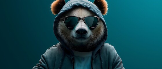 Panda with cool and dark sunglasses and cool hoodie, green background