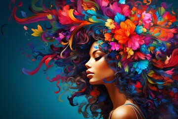 Vibrant digital art portrait of a woman with an explosion of colorful flowers in her hair