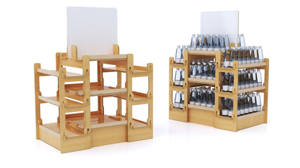 Plywood retail display stands are empty and filled with plastic bottles. 3d illustration set on white background
