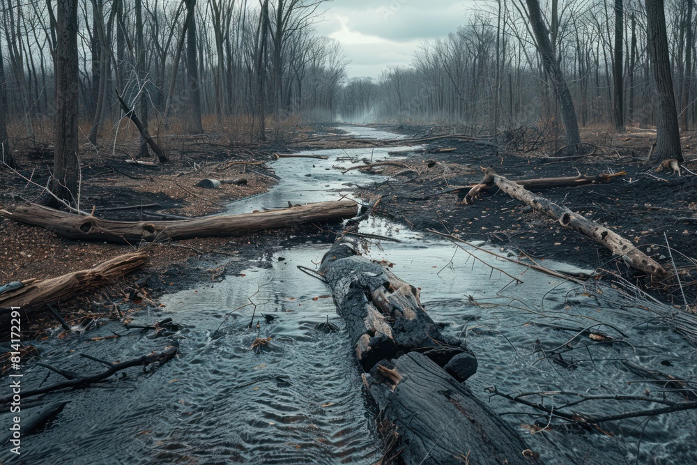 Poster a forest with a stream of water and a log in the middle. environmental pollution concept