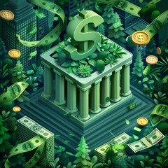 Abstract Green Financial Landscape with Balancing Scales