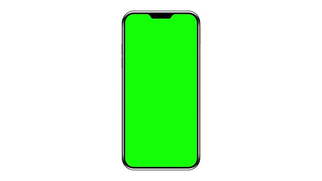 Mobile phone or Smartphone with green screen isolated on white background. 4K animation with mobile phone mockup and motion zoom effect