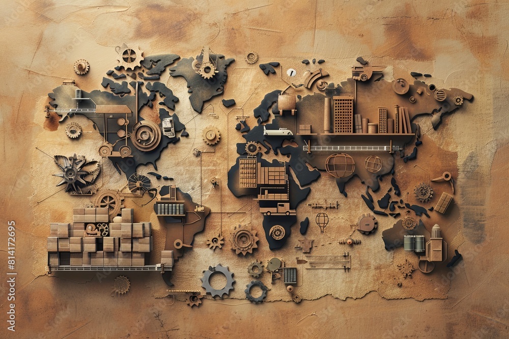 Poster a world map constructed entirely of wooden gears, showcasing intricate details and mechanical precis