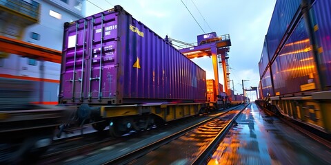 Container being loaded onto train demonstrating intermodal logistics versatility in transportation. Concept Intermodal Logistics, Versatile Transportation, Train Loading, Container Shipping
