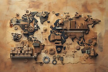 A world map constructed entirely of wooden gears, showcasing intricate details and mechanical precision. Generative AI