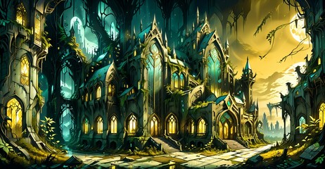 Gothic elven fantasy cyberpunk city palace under moon at night. Street view art nuevo post apocalyptic town ruins. Blue and yellow lighting landscape.