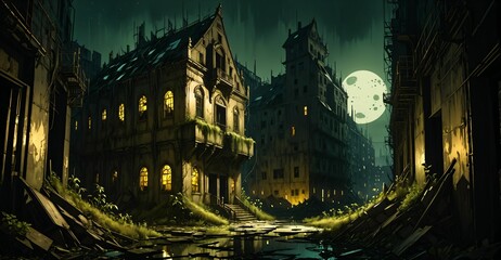 Fototapeta premium Abandoned gothic city wasteland at night. Street view post apocalyptic town ruins. Blue and yellow lighting.