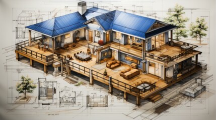 Fototapeta premium Detailed Architectural Blueprint of a Modern Wooden House With Deck and Furnishings