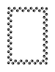 Frame paw pattern. Cute rectangle border dog or cat. Black footprint boarder isolated on white background. Mark traces frames. Silhouette step for design prints. Footmark line. Vector illustration