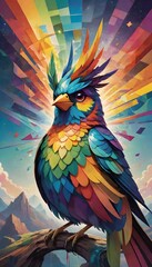 Obraz premium Multicolored bird perched on a branch, set against a magical backdrop of swirling colors and light, Generative AI.