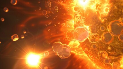 fusion process in the sun, with hydrogen atoms combining to form helium