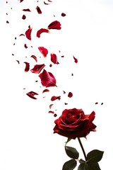 Falling red rose isolated on white background