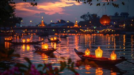 A serene scene of lantern-lit boats on the river for Loy Krathong Loy Krathong Tranquility!