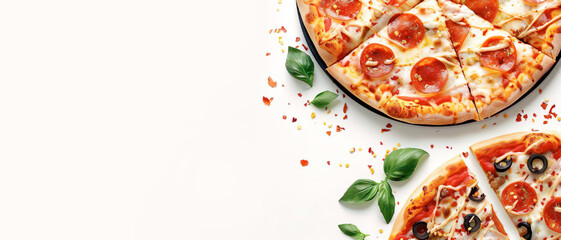 A hot delicious pizza banner on white background.