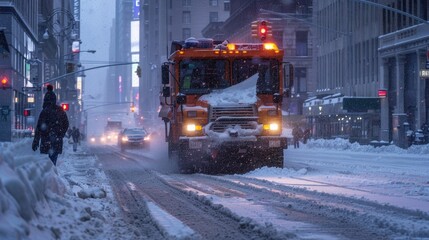 A snow removal vehicle passes a pedestrian in Lower Ma