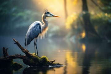 Naklejka premium Great blue heron stands on a mossy log in a serene, misty wetland illuminated by the golden morning light