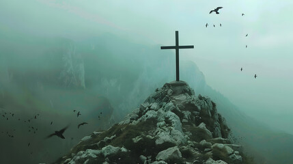 cross in the mountains full of fog - Powered by Adobe