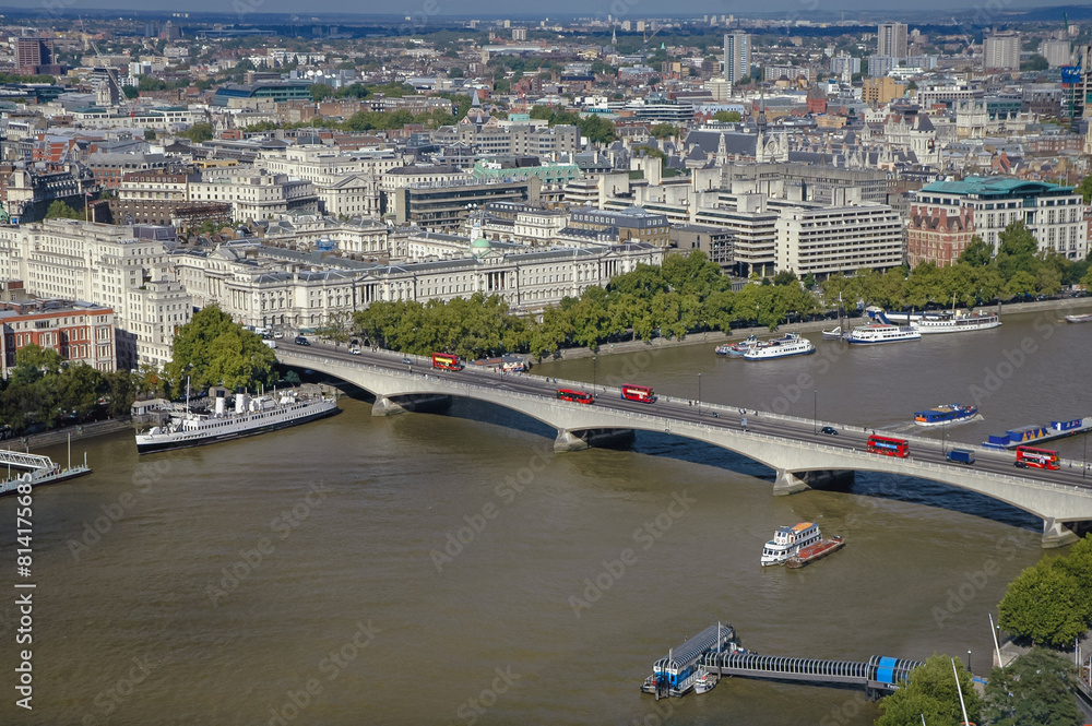 Sticker Waterloo Bridge and King's Collage seen from London Eye observation wheel in London, UK