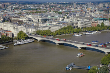 Waterloo Bridge and King's Collage seen from London Eye observation wheel in London, UK