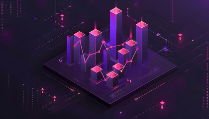 An isometric illustration of a city with graphs on a background of purple and violet hues, showcasing entertainment centers, gas stations, and electric blue audio equipment at events
