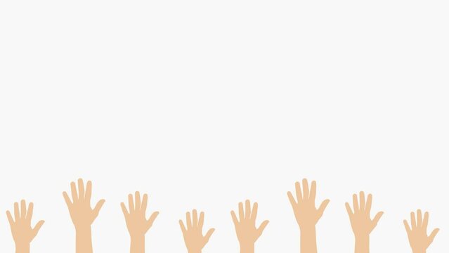 Animation of raising cartoon hands. Raising hands and waving hands to vote. Green background for chroma key use