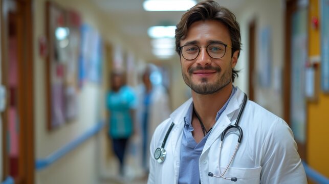 confident indian doctor in white coat, smiling in hospital corridor, embodies quality healthcare service