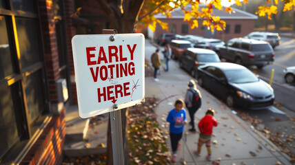 "Early Voting Here" sign in front of a school in small town USA during the November election
