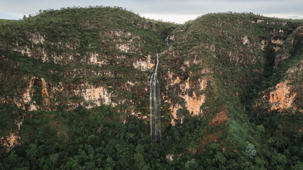 aerial view of waterfall formed by rain in São Jorge, Alto Paraíso, in Chapada dos Veadeiros,...