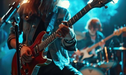 Obraz premium A young rock band is performing hard on the stage