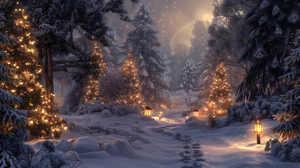 A snowy forest illuminated by the soft glow of lanterns with evergreen trees dusted with snow...