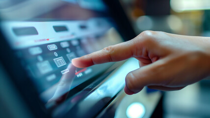 Caucasian woman's finger pressing a touchscreen on an electronic voting machine during the USA election