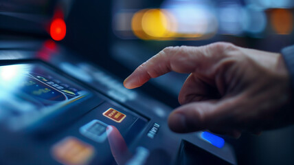 Caucasian man's finger pressing a touchscreen on an electronic voting machine during the USA election