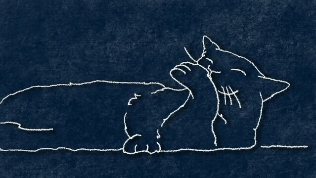 cute cat grooming itself, hand drawn frame-by-frame rotoscope animation on dark blue background