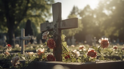A serene and reflective cemetery scene with sunlit roses and a Christian cross