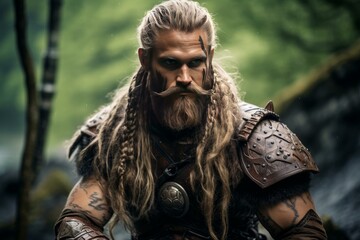 Obraz premium Fierce viking warrior with braided beard posing in a natural forest backdrop