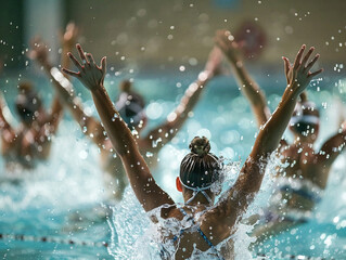 "Graceful synchronized swimmers gracefully performing in a pool, wearing swim caps and swimsuits."