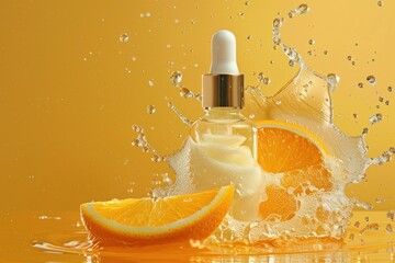 A bottle of perfume is next to a sliced orange