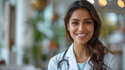 diverse medical care, an indian female doctor warmly smiles at a young patient, fostering comfort and reassurance during a medical check-up, creating a supportive clinic ambiance