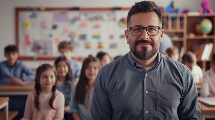 Fototapeta premium teacher standing in front of a class. He involves the students well in the lesson so that they participate and pay attention. generative AI
