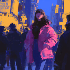 An Asian Woman Embraces the City Nightlife in a Vivid Pink Coat.