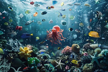 Multiple octopuses swimming in a digital aquarium setting. Generative AI