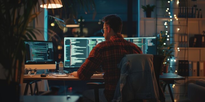 Back view of professional software developer coding program or engineering prompt. Skilled programmer typing computer and laptop while developing system with blurring background. Technology. AIG42.