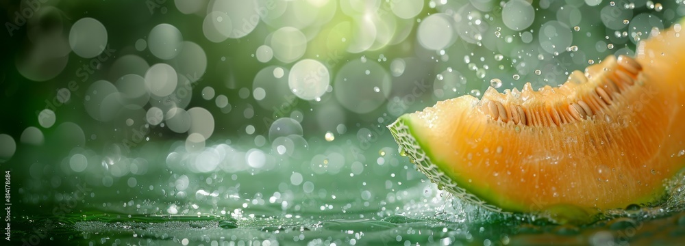 Poster cantaloupe melon slice with water droplets on green background. macro shot with copy space. freshnes
