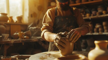 A man is crafting tableware on a pottery wheel, creating dishes for food and drinks. AIG41