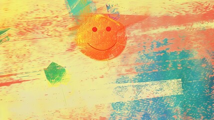 Abstract art with a bright orange smiley face on a colorful background, evoking feelings of happiness and positivity, great for cheerful and optimistic themes