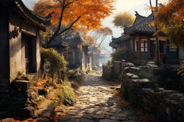 Peaceful, historical street lined with traditional houses amidst vibrant fall foliage