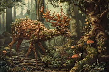 A detailed painting of a deer standing in a lush forest setting. Generative AI