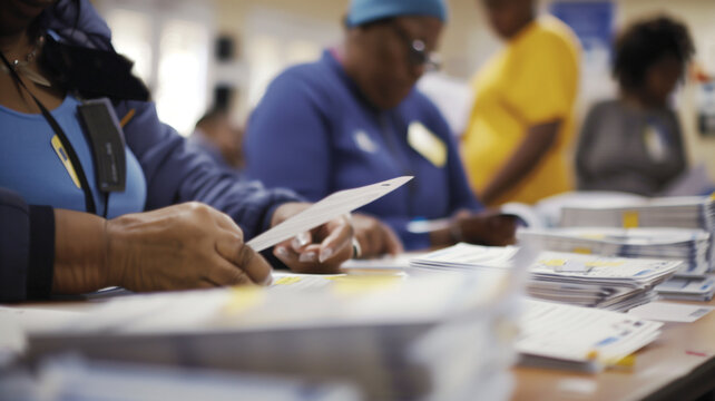 Close up of the hands of an African American female poll worker counting and auditing ballots during the 2024 National Presidential Election in USA